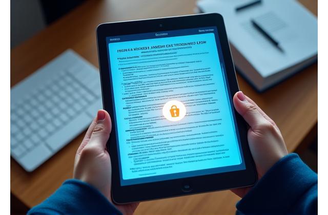 A hand holding a digital tablet displaying compliance checklists and legal documents, with a secure lock icon, symbolizing thorough documentation management.