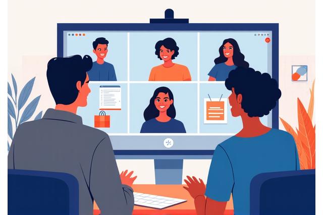 Illustration of a new employee being welcomed virtually on a video call, with digital onboarding tools in the background.