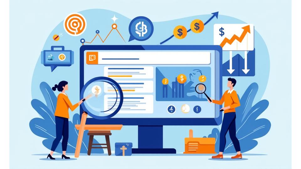 Illustration of digital marketing professionals working on various channels like SEO, SEM, content, and social media, with charts and graphs indicating success metrics.
