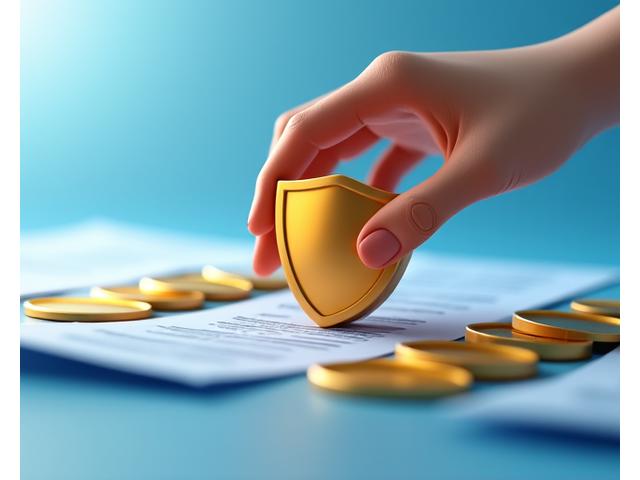 Illustration of a hand holding a shield over a stack of coins and documents, symbolizing financial protection and service guarantees.